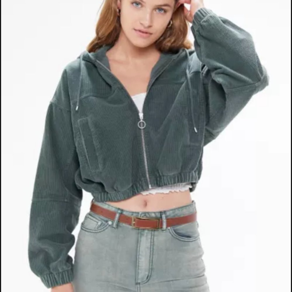 BDG Green Corduroy Hooded Cropped Jacket XS